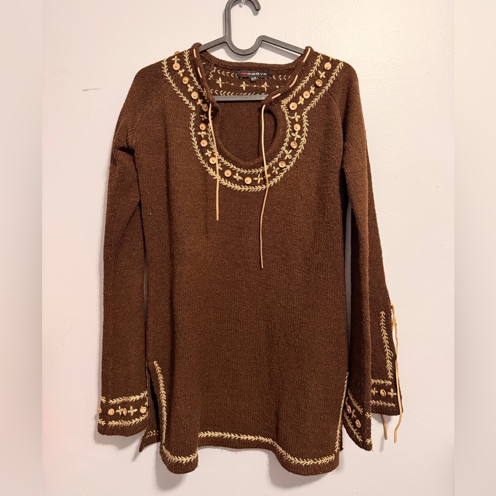 SOYA Boho Embroidered Tunic Sweater Brown Medium M Wooden Beads Western Folk